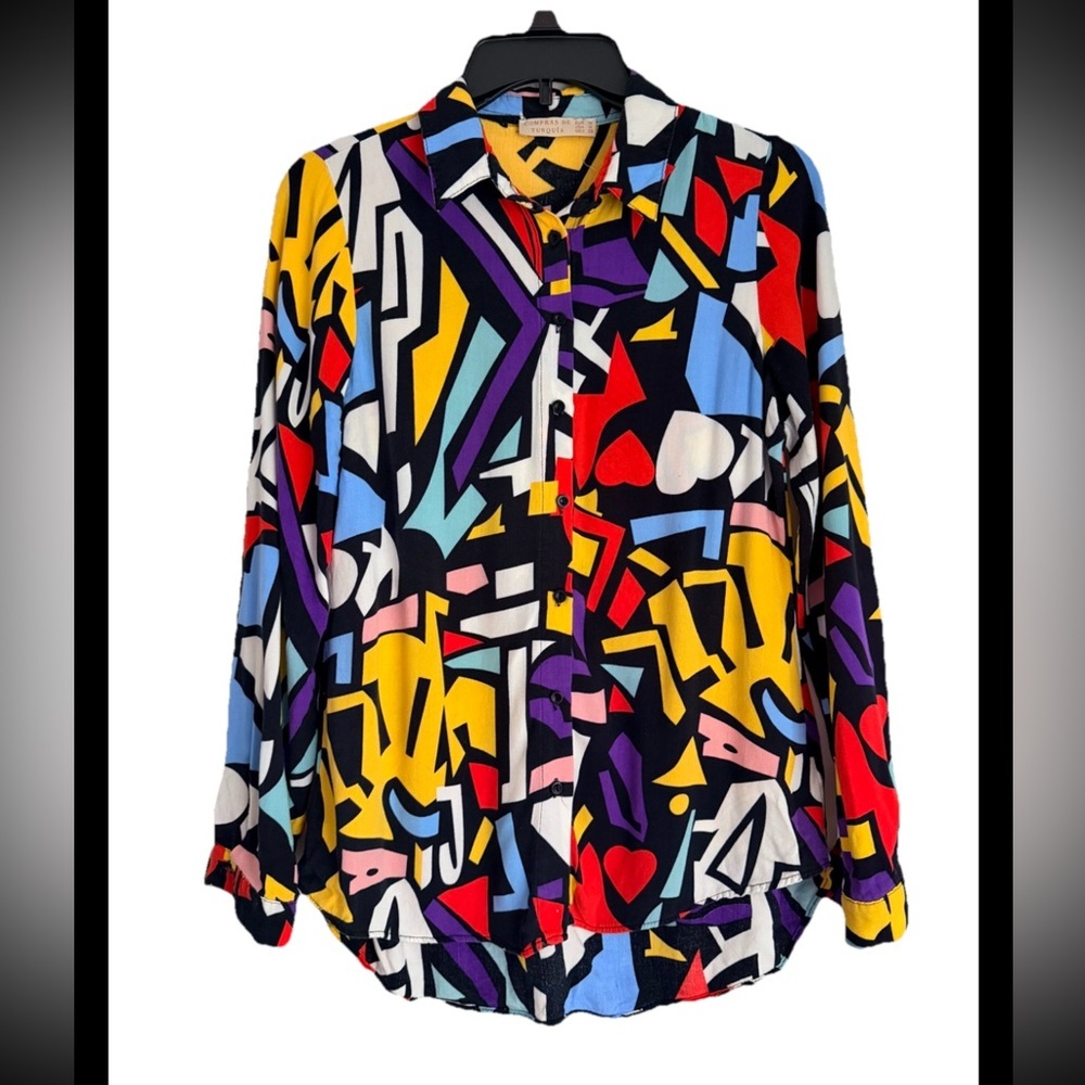 BIG DART Women’s Pop Art Vintage Wearable Art Multi Graphic Blouse Sz M